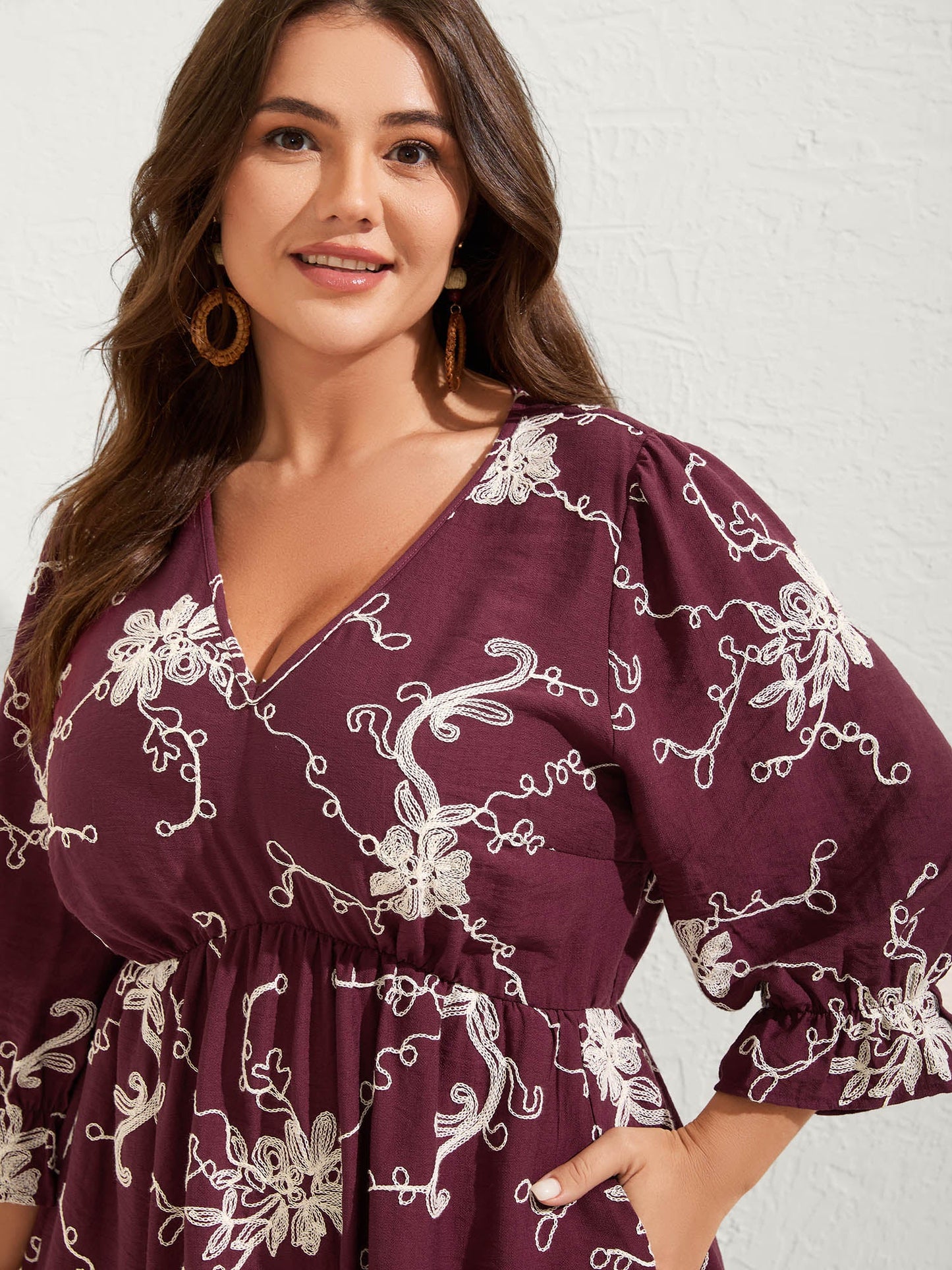 Floral Embroidered Stretchy Waist Midi Dress