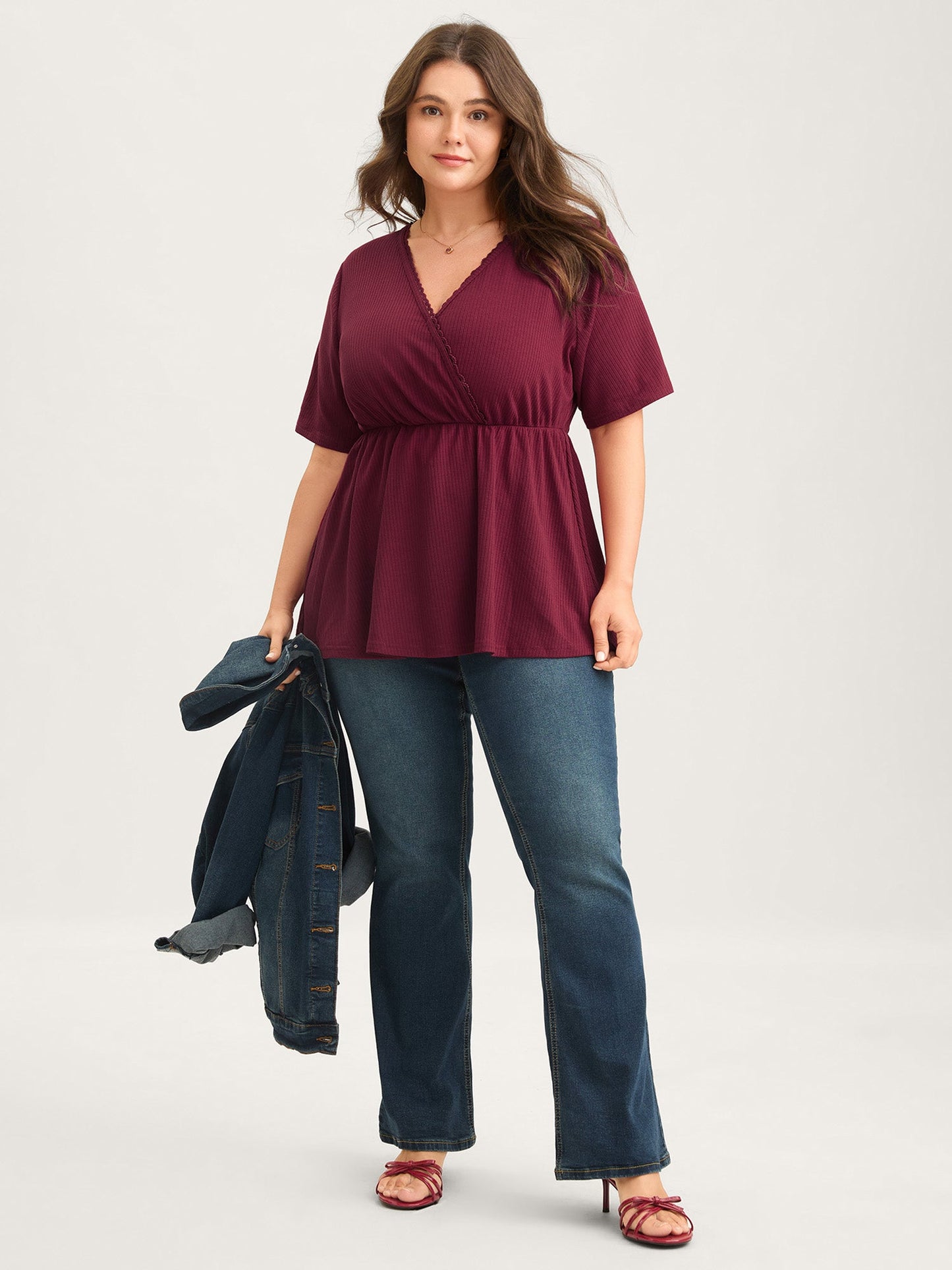 Ribbed Lace Surplice Flared Solid Blouse