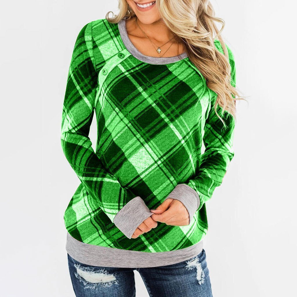 Round Collar Button Plaid Long Sleeve T-shirt