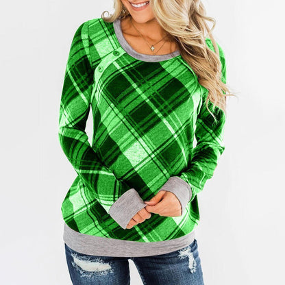 Round Collar Button Plaid Long Sleeve T-shirt