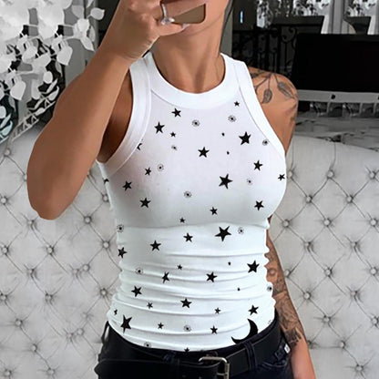 Printed Round Neck Sleeveless Lounging Vest Holiday Casual Tops