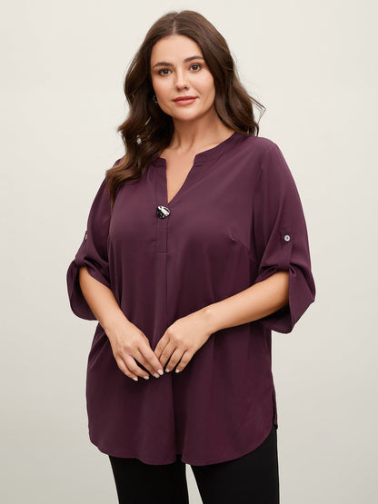 Metal Buckle Neckline Solid Blouse