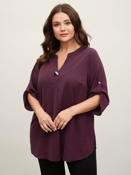 Metal Buckle Neckline Solid Blouse
