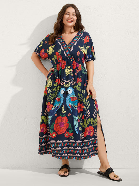 Rayon Colorful Floral Split Side Midi Dress