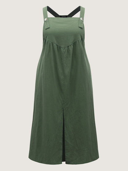 Overall Straps Front Slit Pockets Midi Dress
