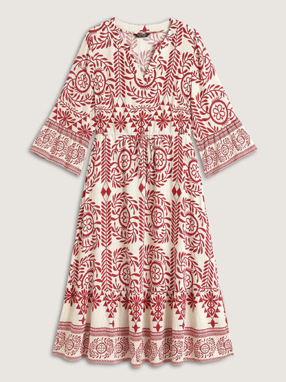 Ornate Print Color Contrast Midi Dress