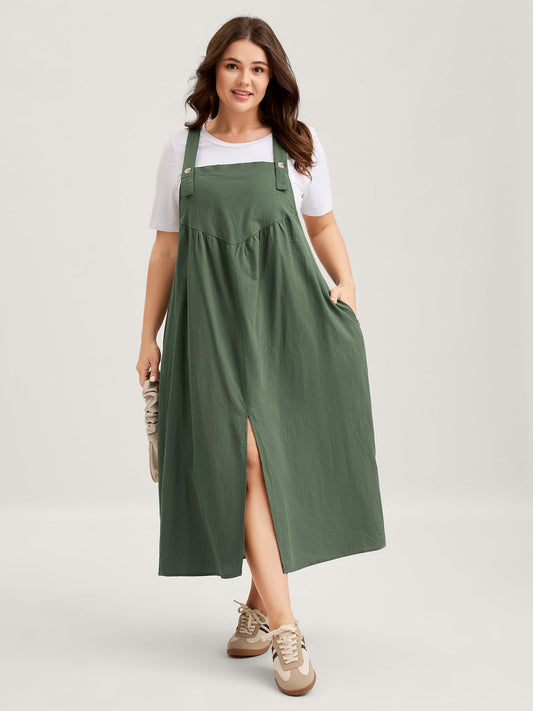 Overall Straps Front Slit Pockets Midi Dress