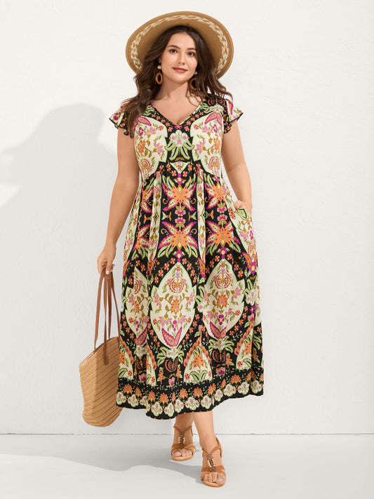 Floral Print Ruffled Sleeve V-Neck Midi Dress