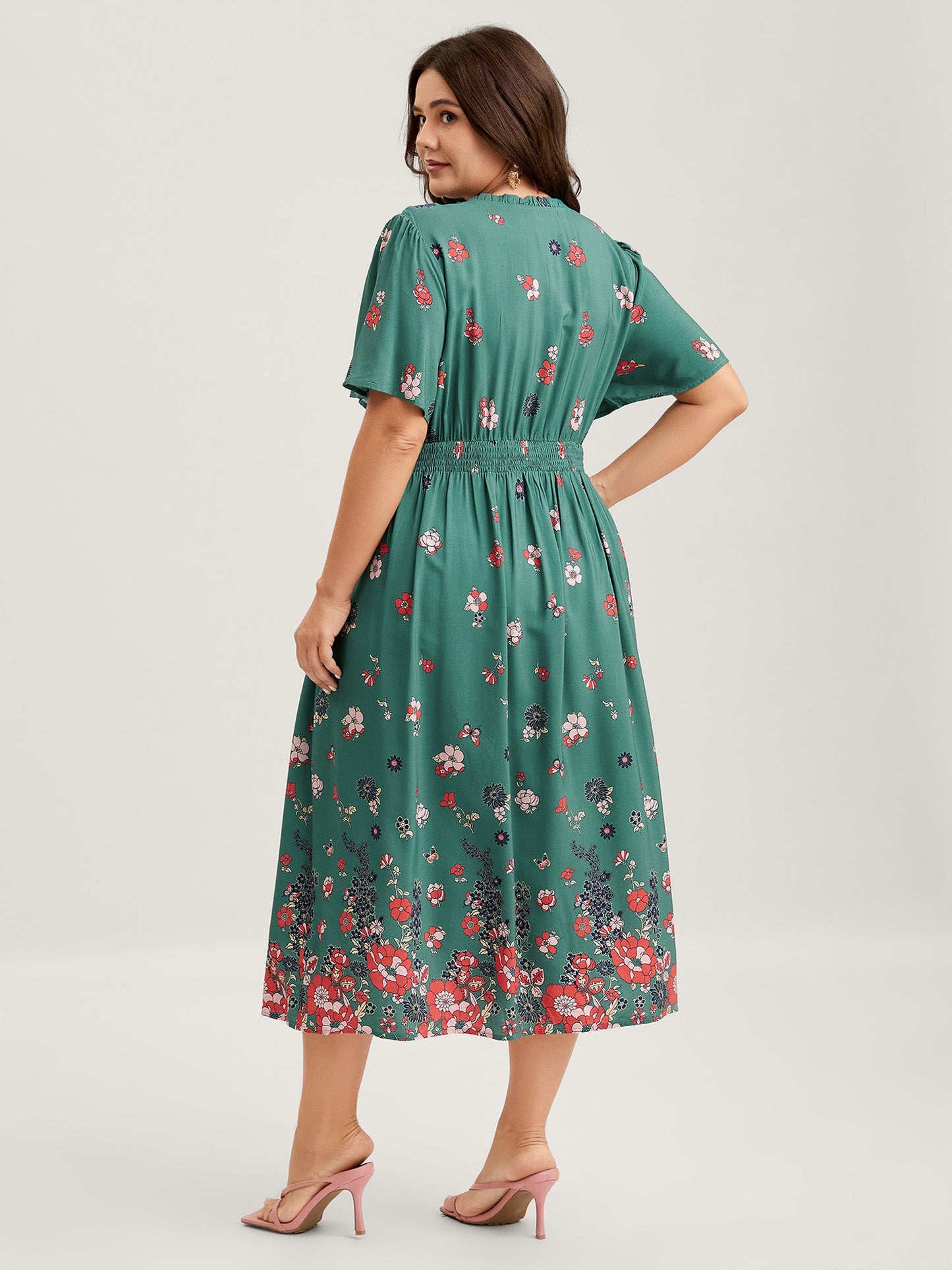 Floral Pleated Notched Collar Midi Dress