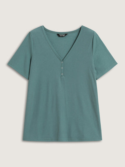 Ribbed Button V-Neck Knit T-Shirt