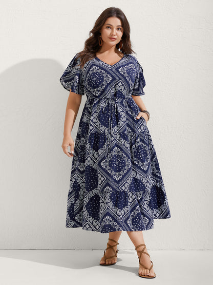 Paisley Print Waist Drawstring Midi Dress