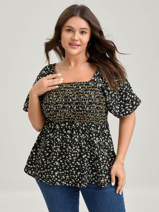 Shirred Bust Floral Fit and Flared Blouse