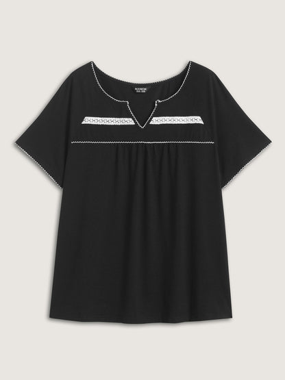 Lace Color Contrast Pleated T-Shirt