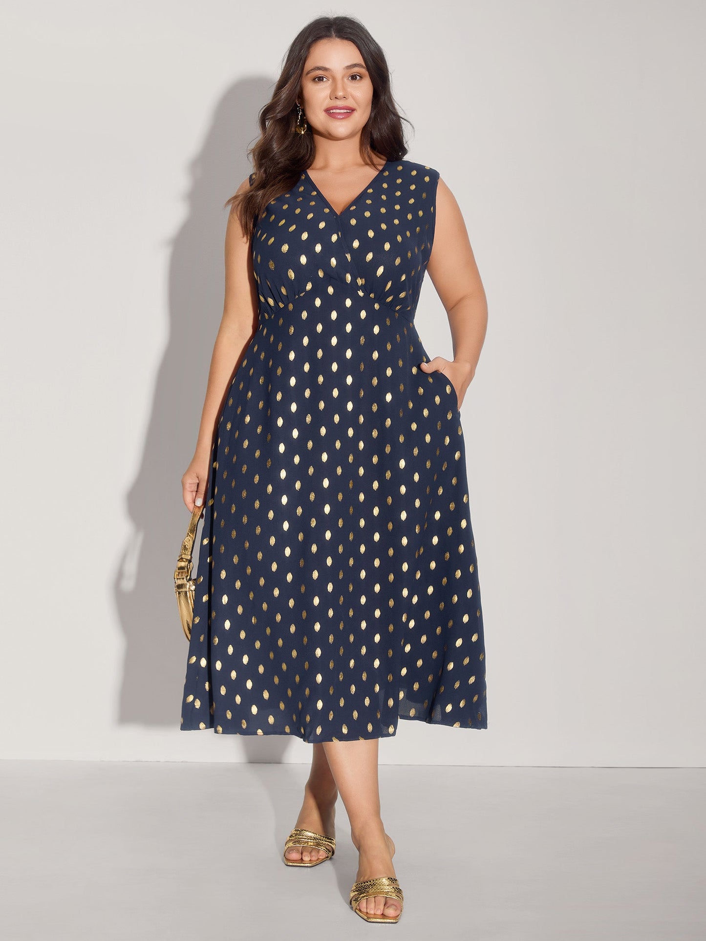 Gold Polka Dots Waist-Defining Midi Dress