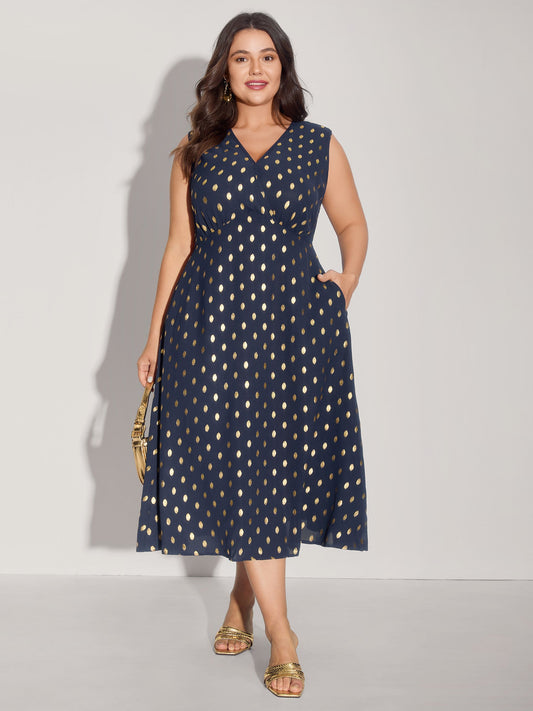 Gold Polka Dots Waist-Defining Midi Dress