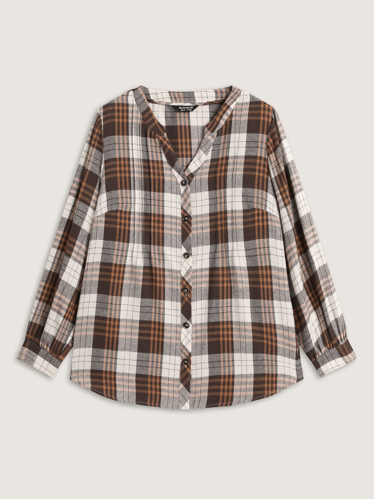Plaid Print Button Placket Curvy Hem Blouse