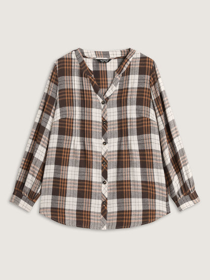 Plaid Print Button Placket Curvy Hem Blouse