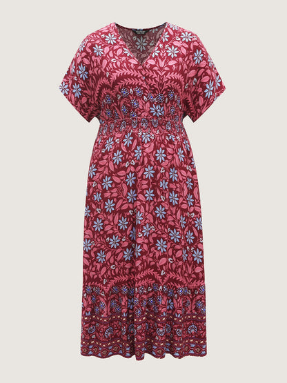 Rayon Boho Floral Shirred Waist Midi Dress
