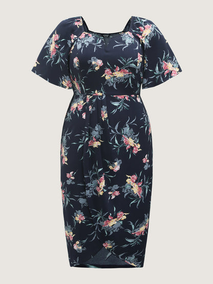 Notched Collar Floral Print Overlap Midi Dress