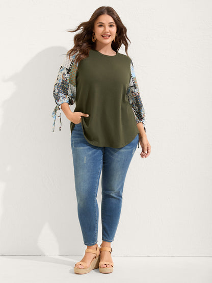 Boho Print Ribbed Sleeve Tie Sweatshirt