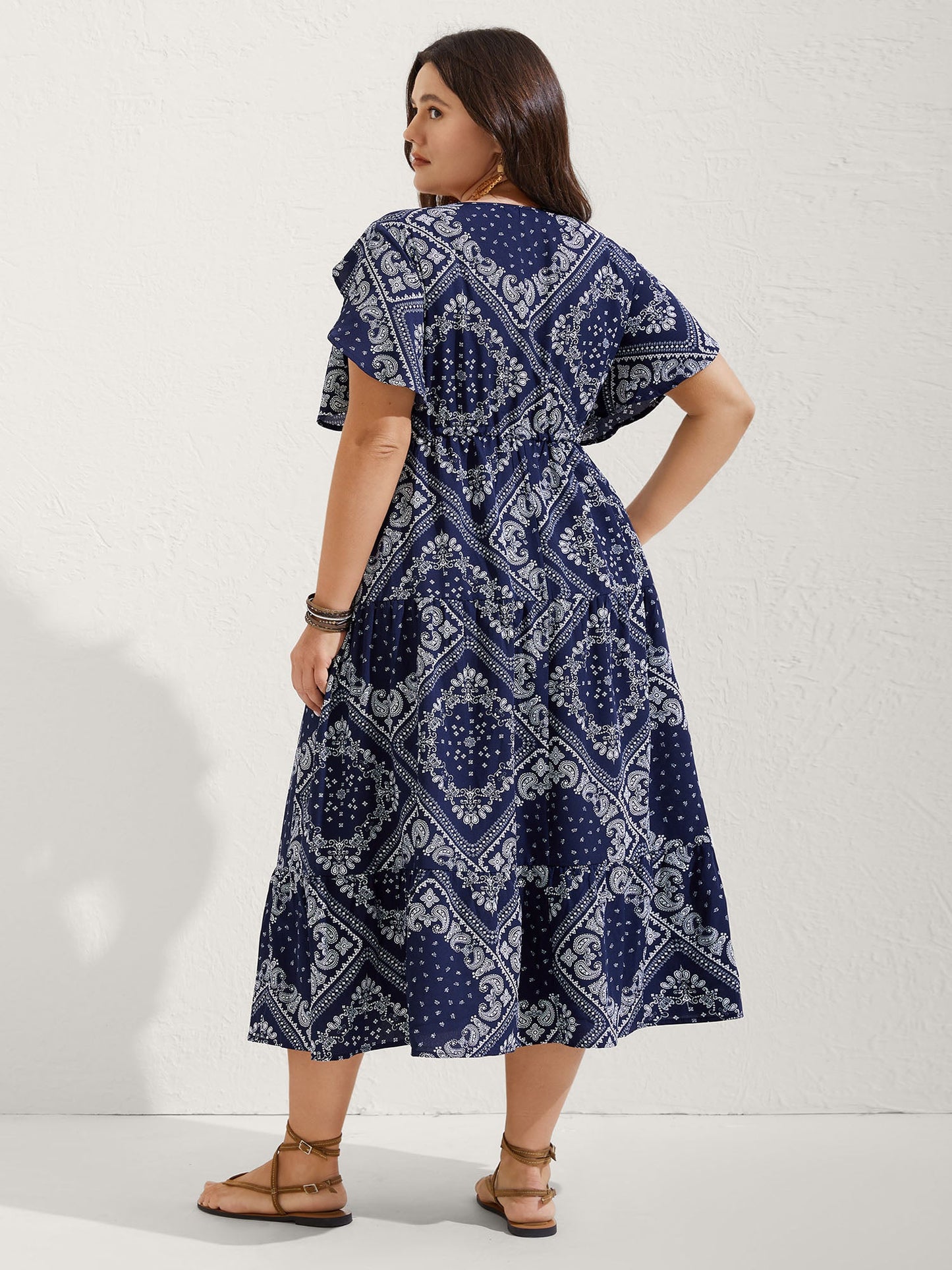 Paisley Print Waist Drawstring Midi Dress