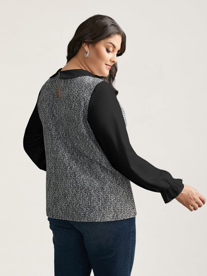 Tweed Patchwork Lantern Sleeve Blouse
