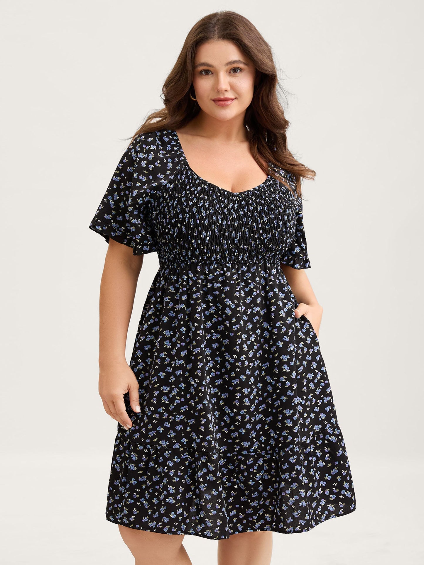 Ditsy Floral Shirred Bodice Midi Dress