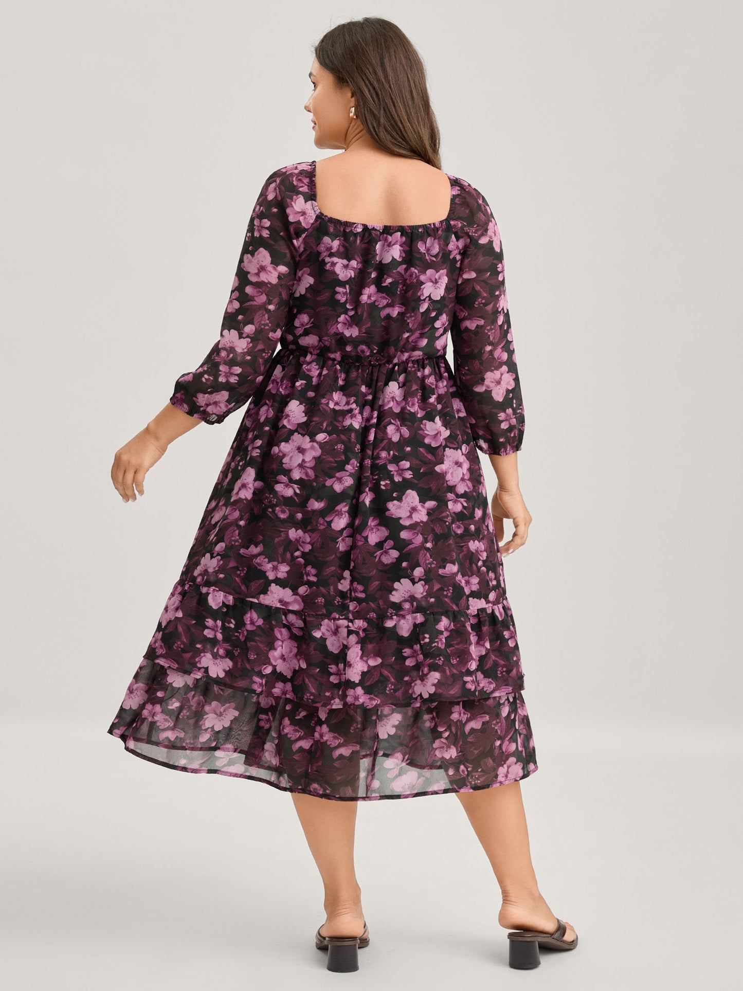 Large Floral Print Shirred Waist Midi Dress
