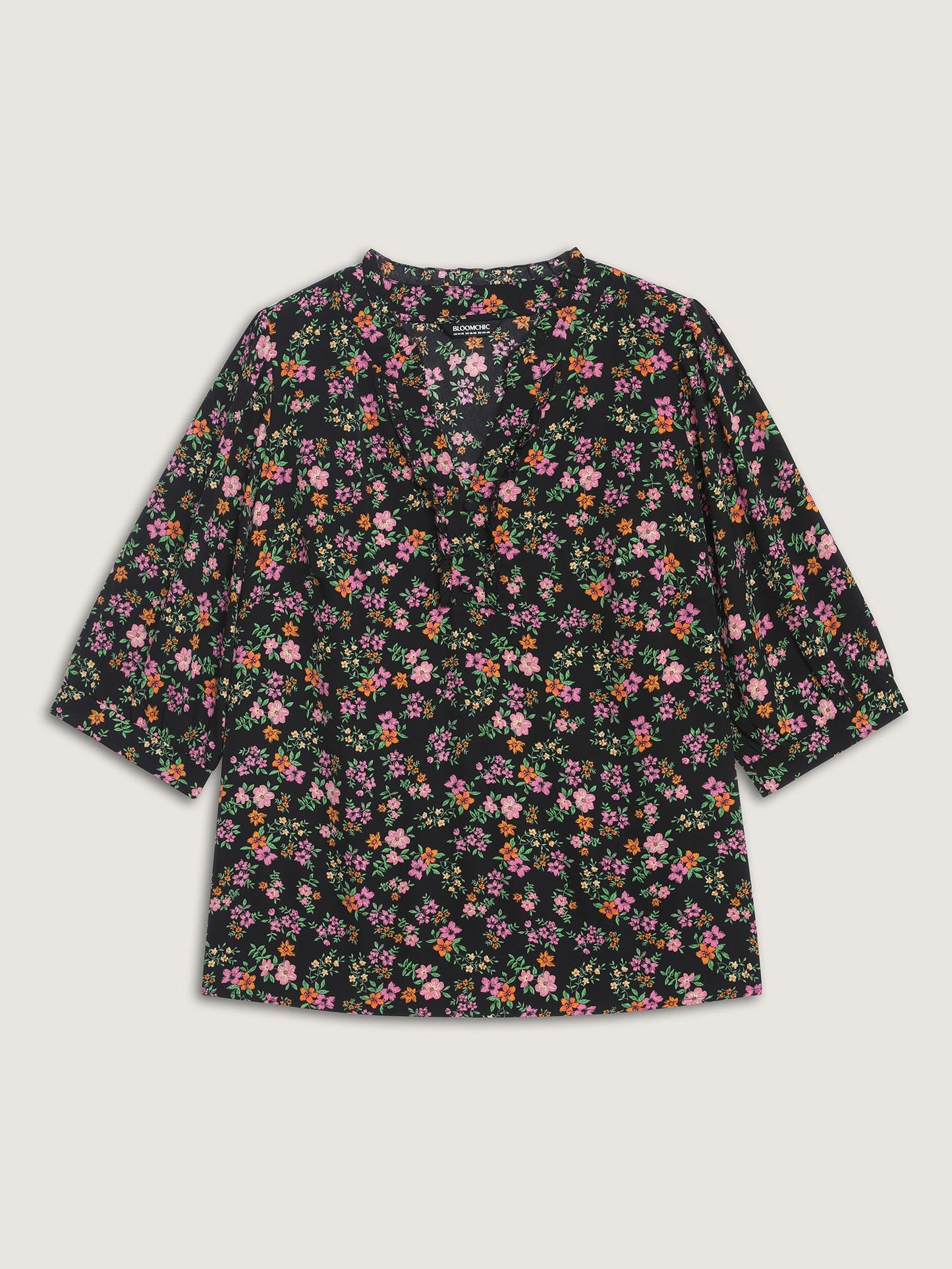 Floral Print Ruffled Neckline Flowy Blouse