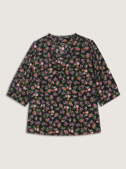 Floral Print Ruffled Neckline Flowy Blouse