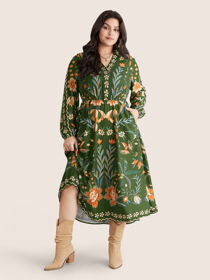 Bandana Print Pocket Lapel Collar Elastic Cuffs Dress