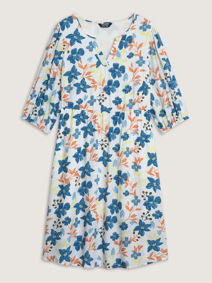Rayon Floral Stretchy Waist Pockets Midi Dress