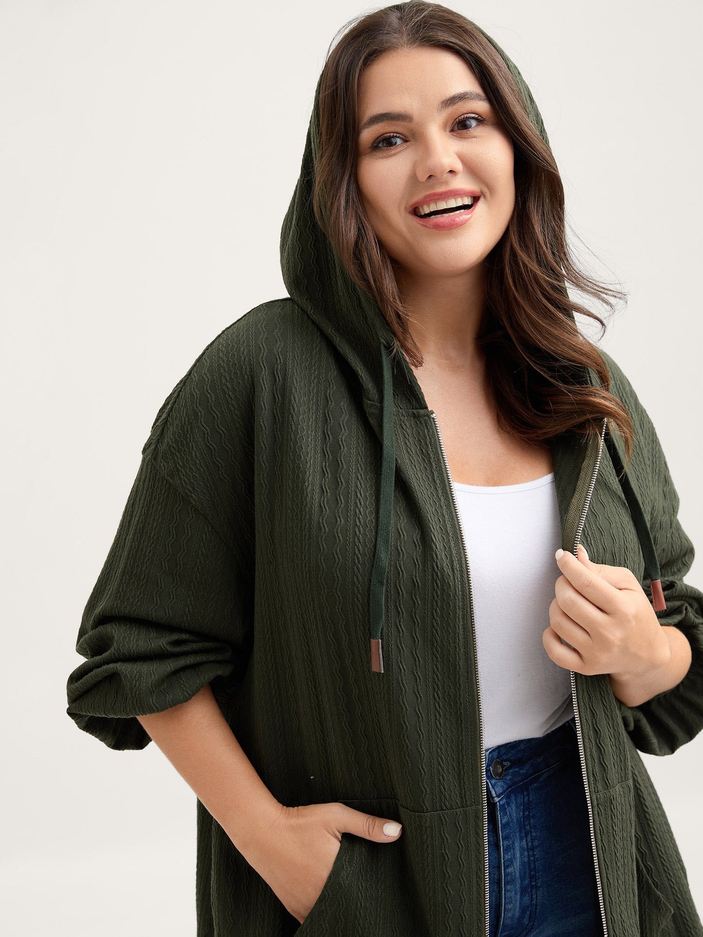 Textured Solid Pocket Zipper Hoodie