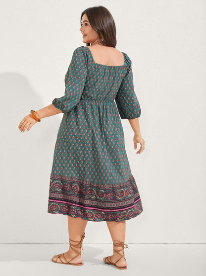 Paisley Print Shirred Bodice Midi Dress