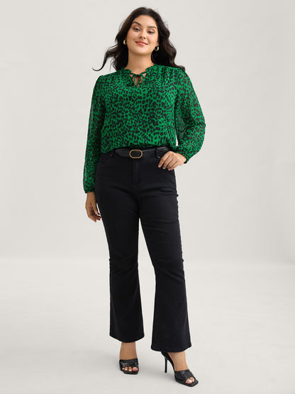 Leopard Print Tie Knot Lantern Sleeve Blouse