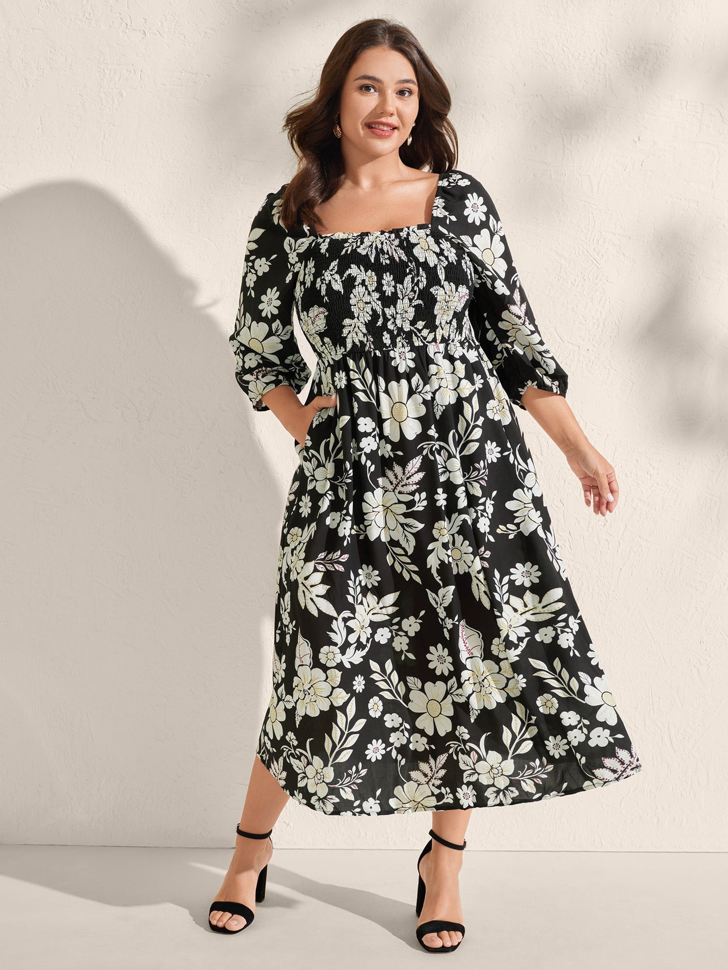 Floral Print Slit Shirred Bodice Midi Dress
