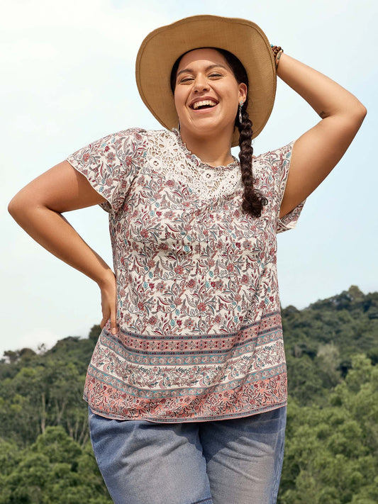 Sheer Lace Ruffled Neck Floral Blouse