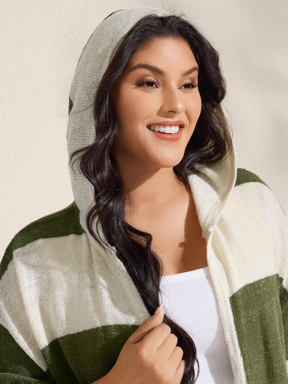 Textured Color Stripes Hooded Knit Cardigan