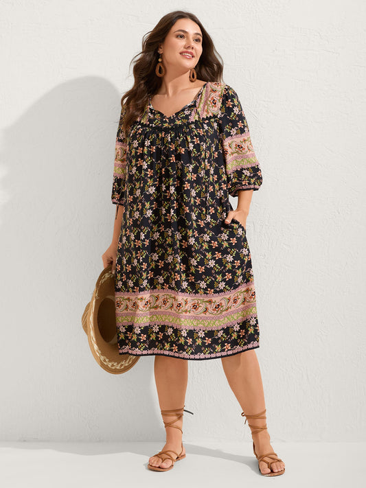 Floral Print Puffy Sleeve Pleated Midi Dress