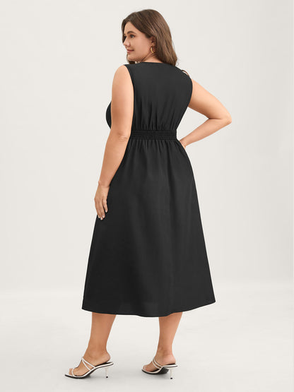 Bow Tie Drop Waist Shirred Midi Dress