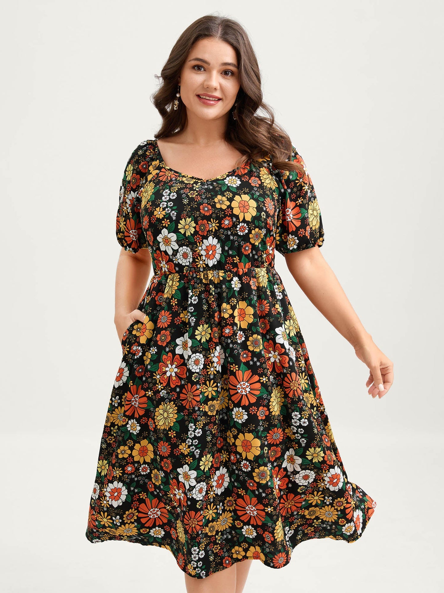 Bright Floral Print Sweetheart Neckline Midi Dress