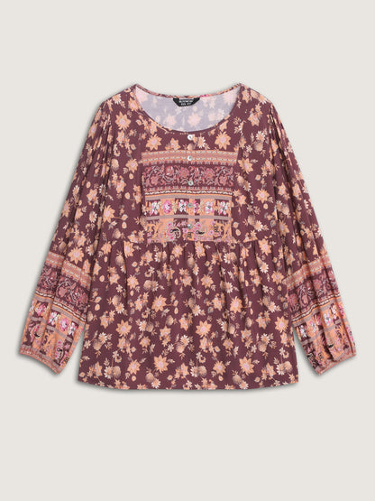 Floral Mixed Print Puffy Sleeve Blouse