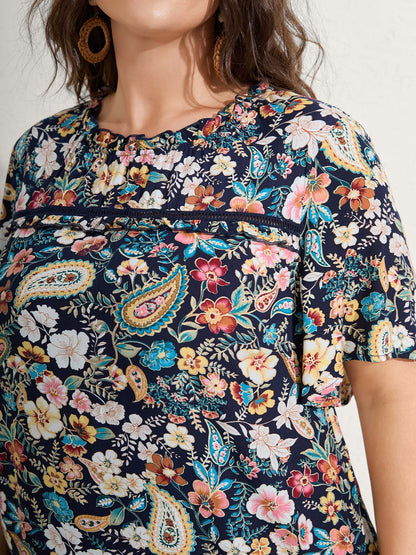 Paisley Print Lace Ruffled Blouse