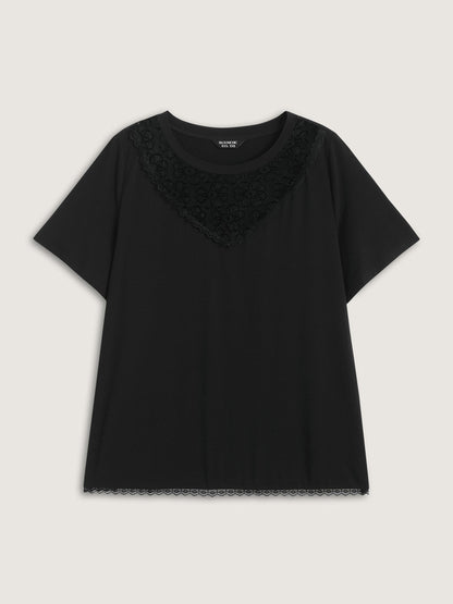Lace Neck Flowy Sleeve Solid T-Shirt