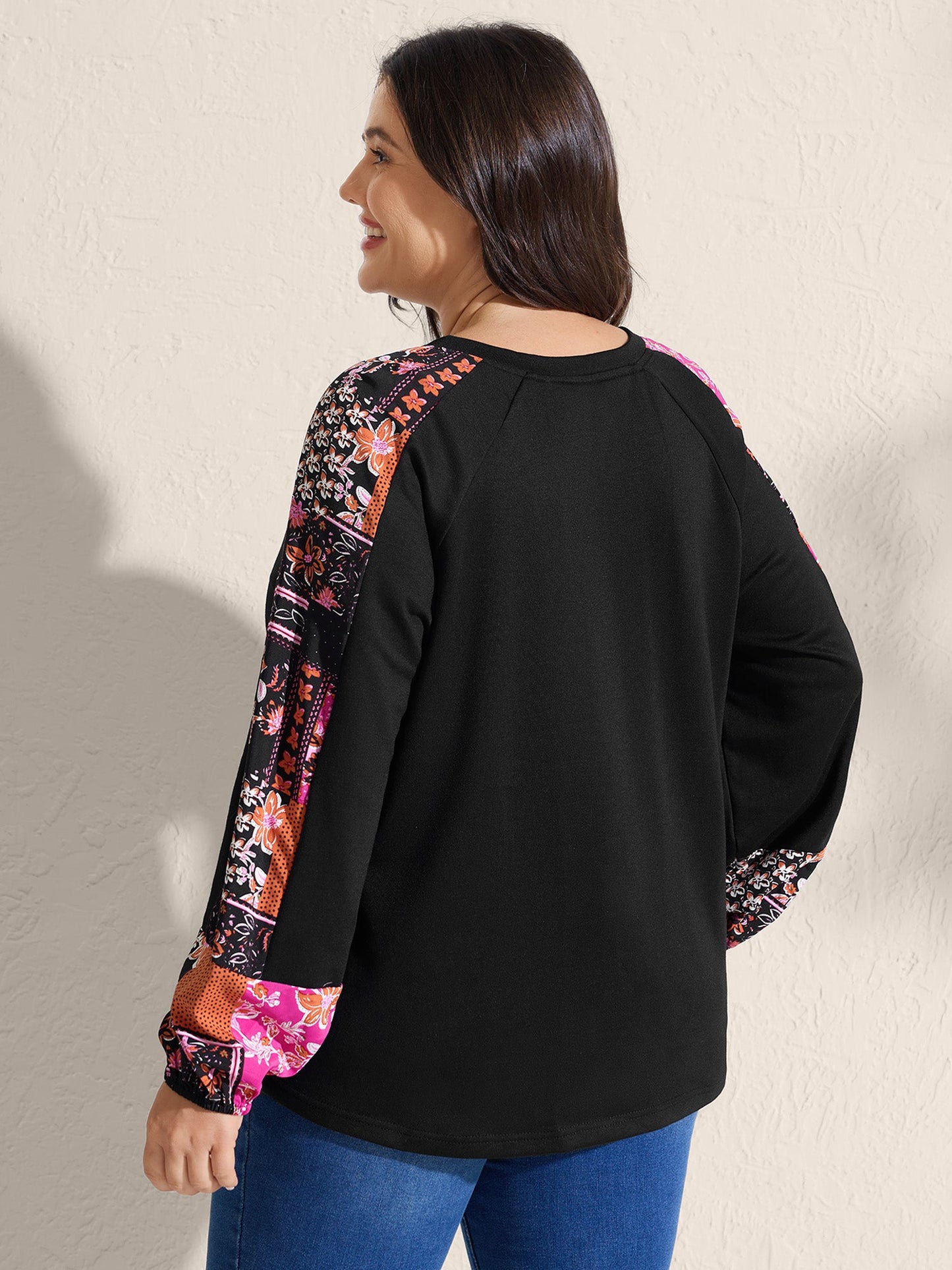 Floral Patchwork Sleeve Solid Sweatshirt