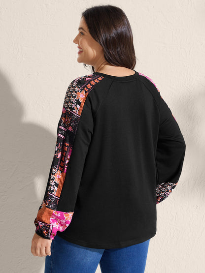 Floral Patchwork Sleeve Solid Sweatshirt