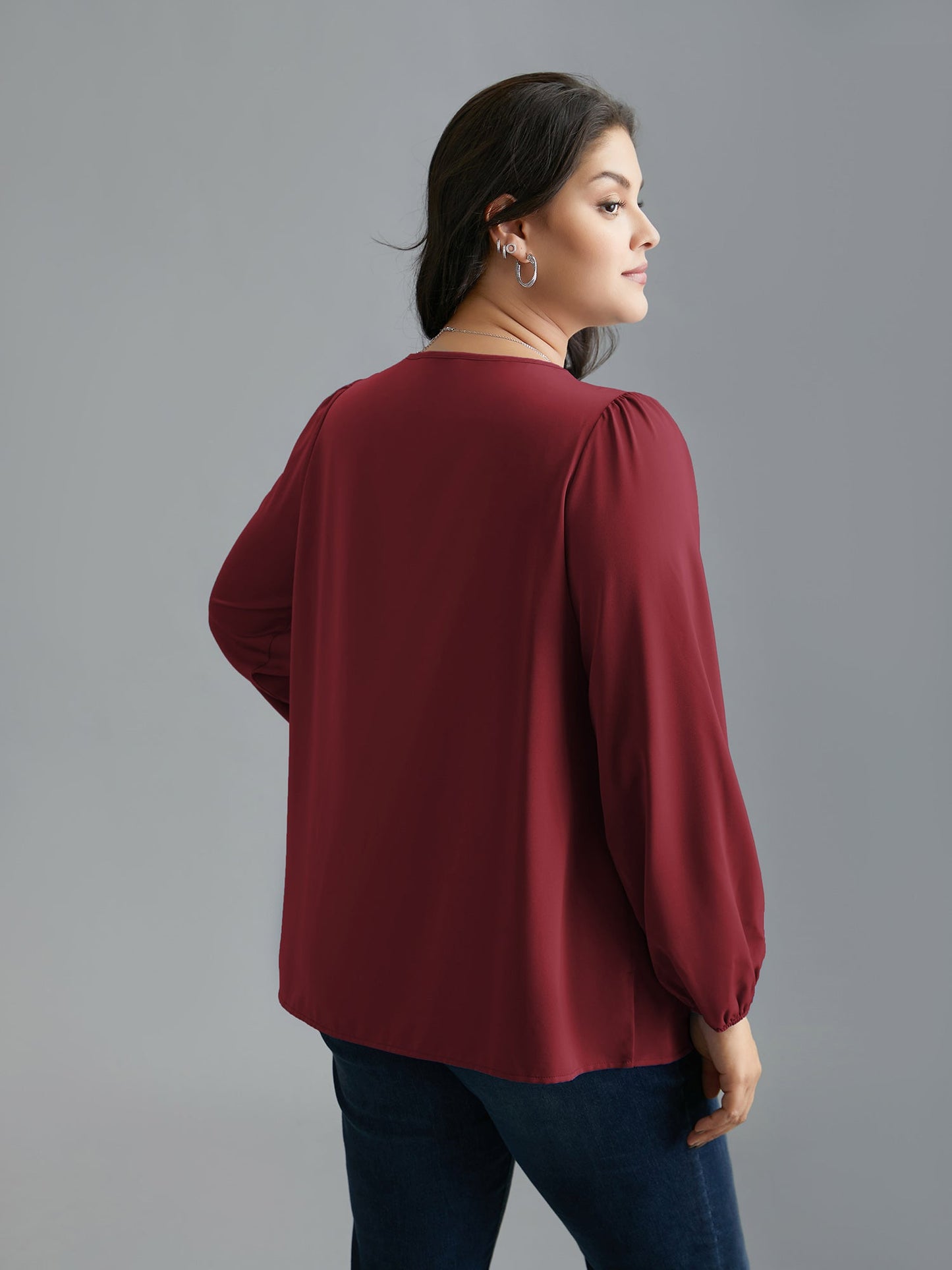 Criss Cross Neckline Puff Sleeve Gathered Blouse