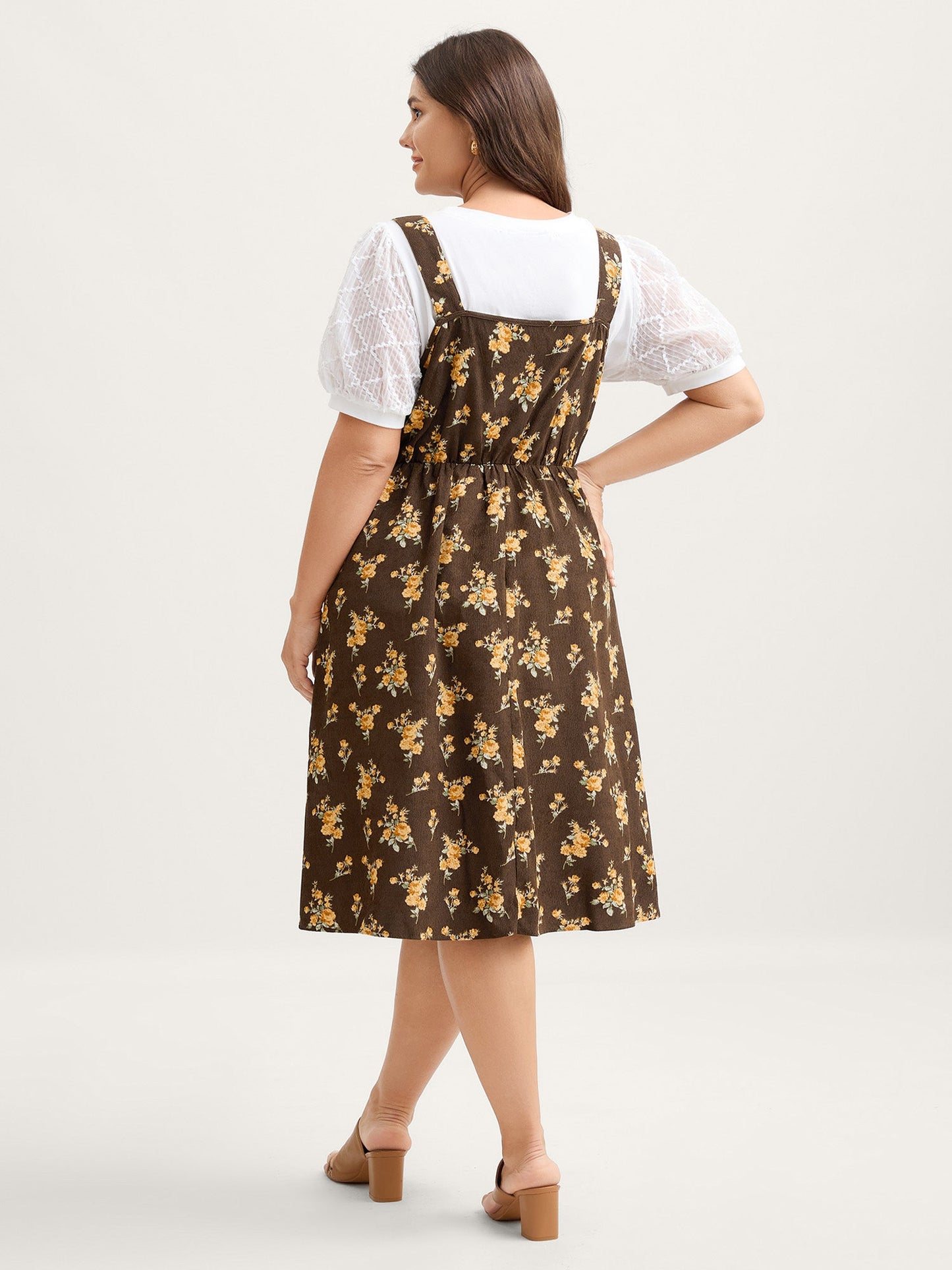 Floral Corduroy Pockets Overall Midi Dress