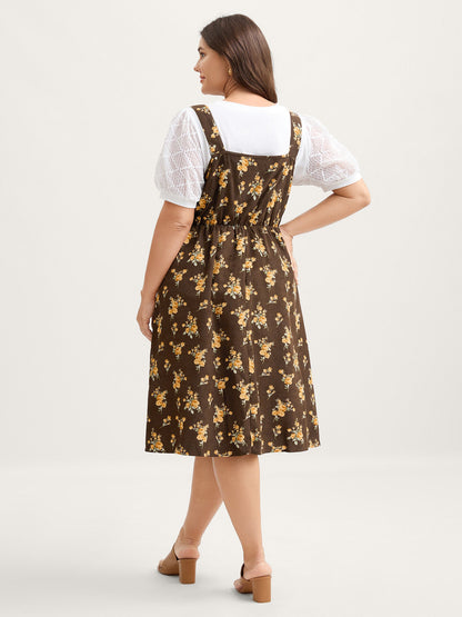 Floral Corduroy Pockets Overall Midi Dress