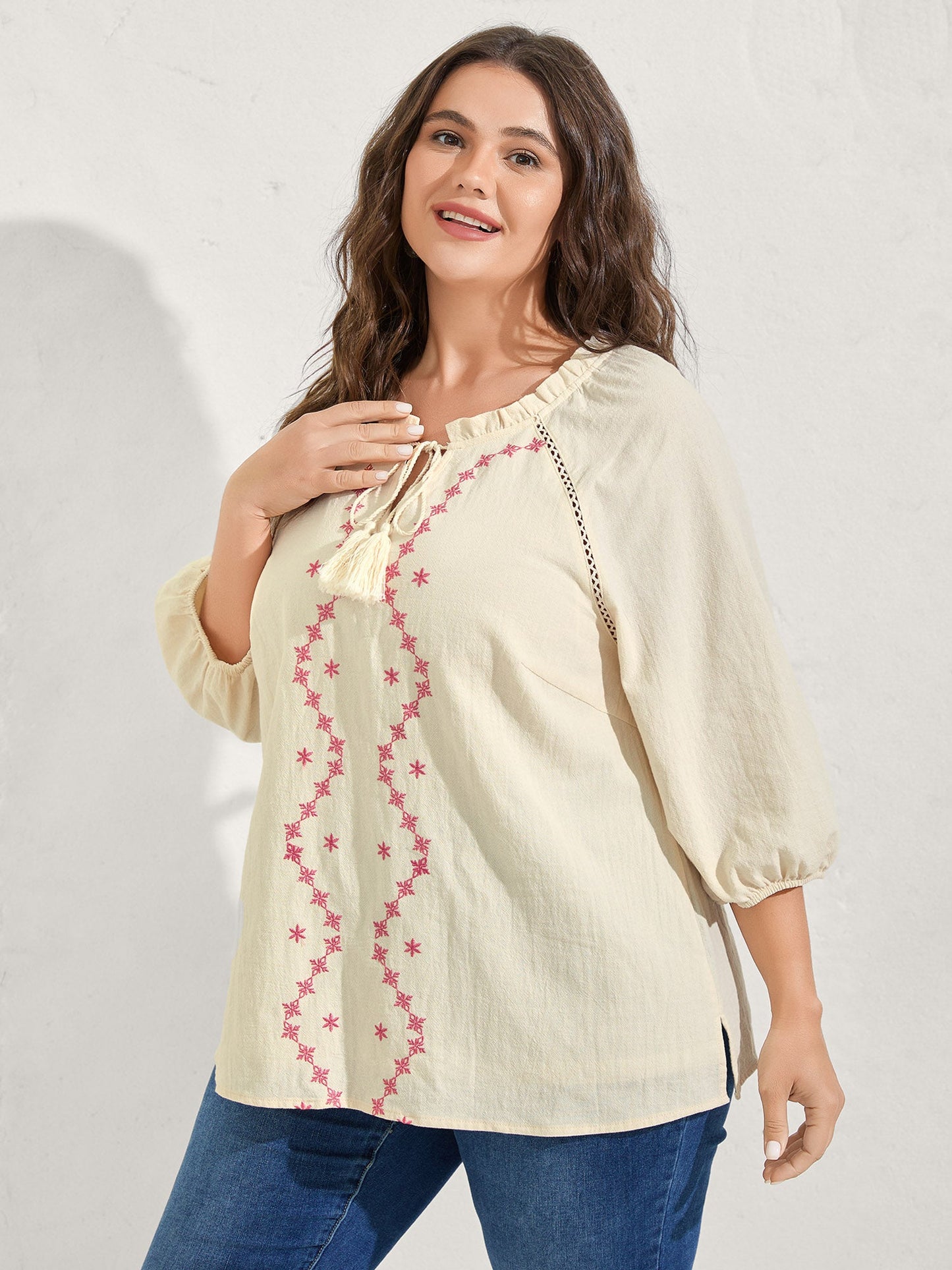 Cotton Lace Embroidered Shirred Neck-Tie Blouse